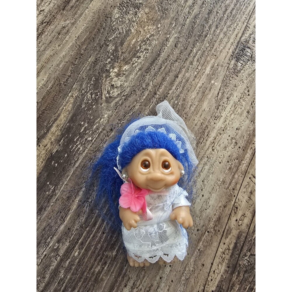 Vintage Bride Troll Doll 4" Blue Hair White Lace Dress Veil Pink Flower